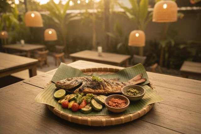 Grilled fish and vegetables served on a banana-leaf-lined tray (AI illustration, not a photo)