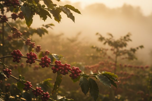 Ripe arabica coffee cherries on a branch in misty highlands (AI illustration, not a photo)