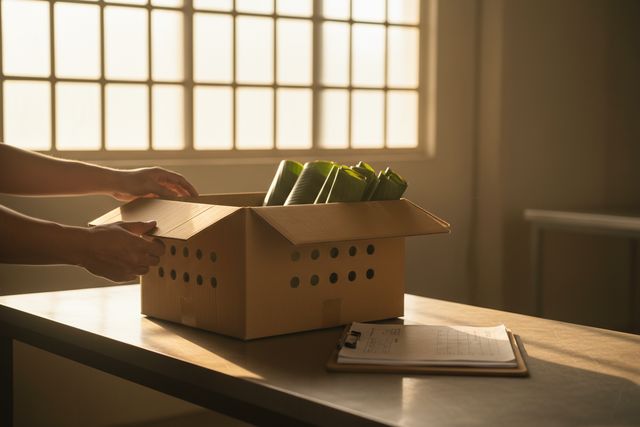 Export carton packed with rolled banana leaves beside a clipboard of documents (AI illustration, not a photo)