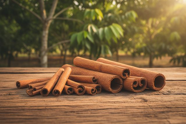 Cinnamon bark quills bundled on a wooden table (AI illustration, not a photo)