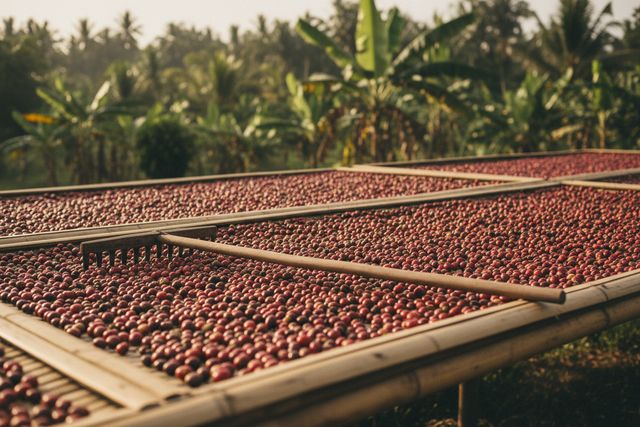 Robusta coffee cherries drying on raised bamboo beds (AI illustration, not a photo)