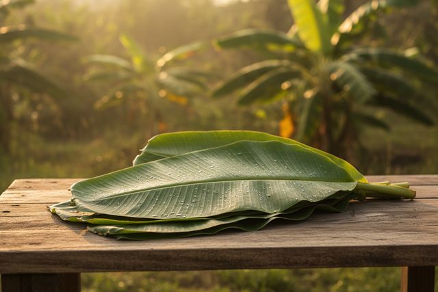 Freshly cut banana leaves fanned open on a wooden table (AI illustration, not a photo)
