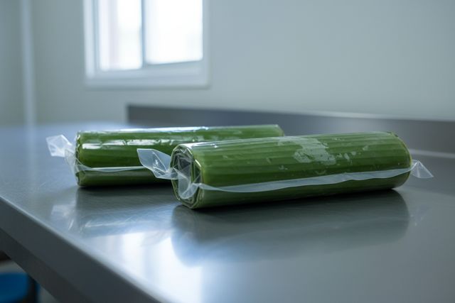Two vacuum-sealed packs of rolled banana leaves on a stainless table (AI illustration, not a photo)