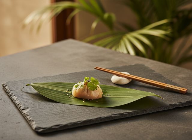 A minimal dish presented on a fresh banana leaf with chopsticks on a slate table (AI illustration, not a photo)