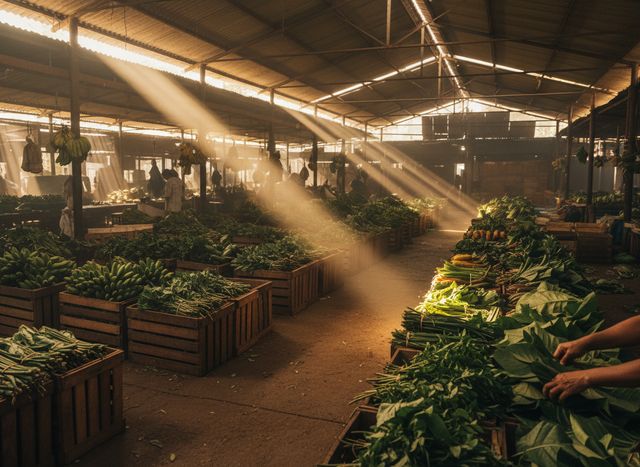 Crates of fresh produce under a covered wholesale market roof at morning (AI illustration, not a photo)
