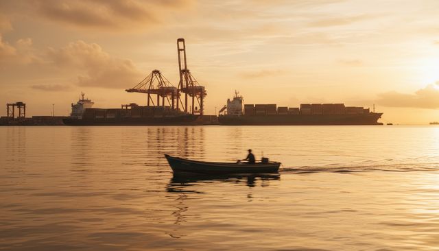 Container cranes at a calm harbor at golden hour (AI illustration, not a photo)