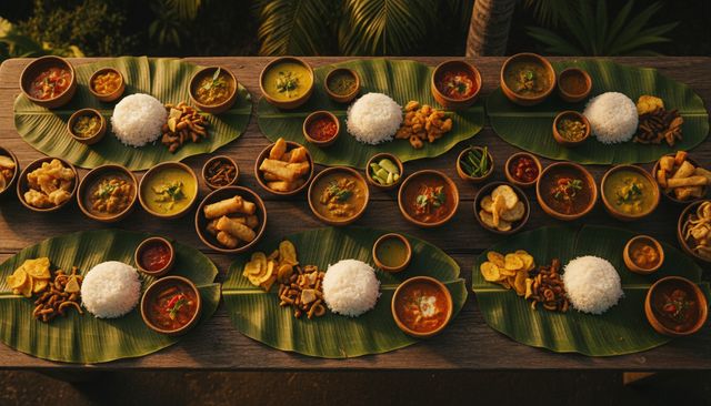 A banana-leaf banquet spread with curries and rice on a long table (AI illustration, not a photo)
