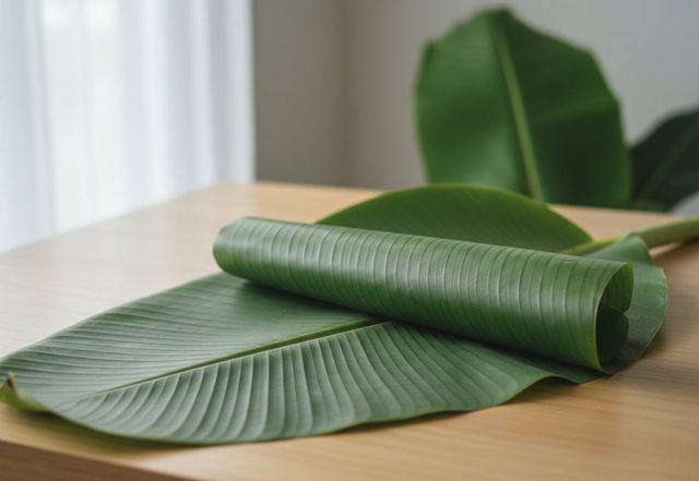 Illustration of freshly cut banana leaves (AI illustration, not a photo)