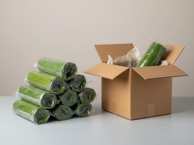 Illustration of vacuum-sealed packs beside an export carton (AI illustration, not a photo)