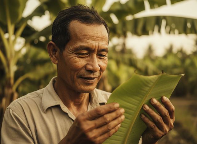 Close-up of a farmer's weathered, sweat-beaded face inspecting a banana leaf (AI illustration, not a photo)