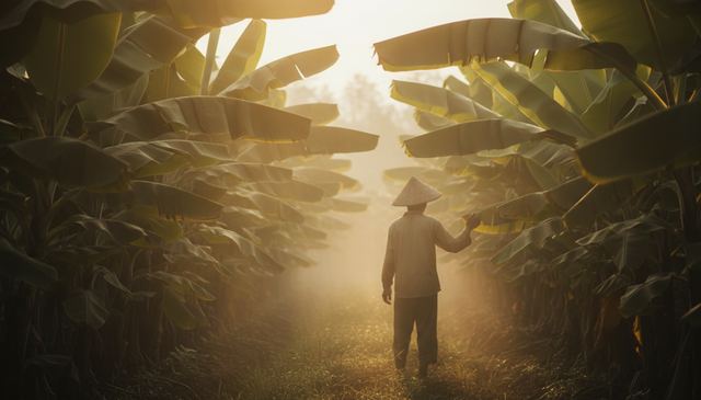 Farmer walking a path between banana plants at golden hour, Indonesia (AI illustration, not a photo)