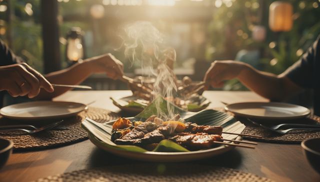 Fresh banana leaf laid across a plate with steaming dishes at a restaurant (AI illustration, not a photo)