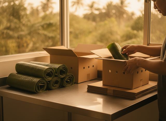 Rolled banana leaves being packed into a ventilated carton (AI illustration, not a photo)