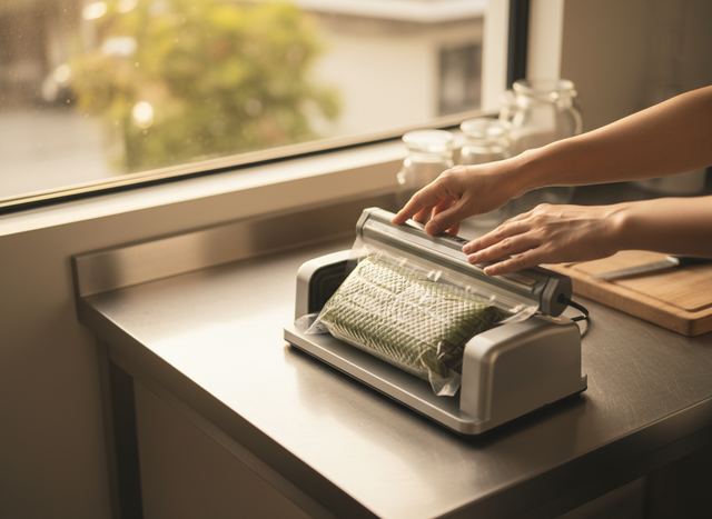 Vacuum-sealing machine closing a pack of banana leaves (AI illustration, not a photo)