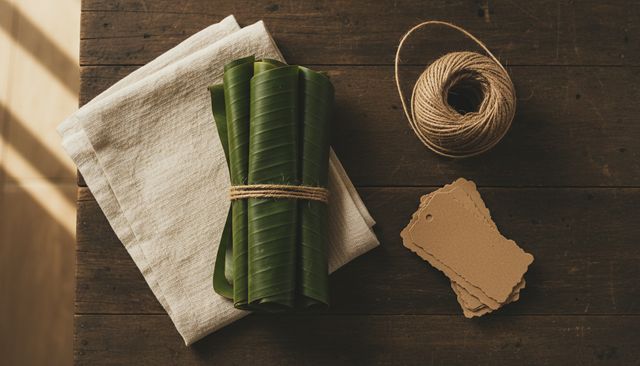 Rolled banana leaves, twine and blank kraft tags laid out on a dark wooden table (AI illustration, not a photo)