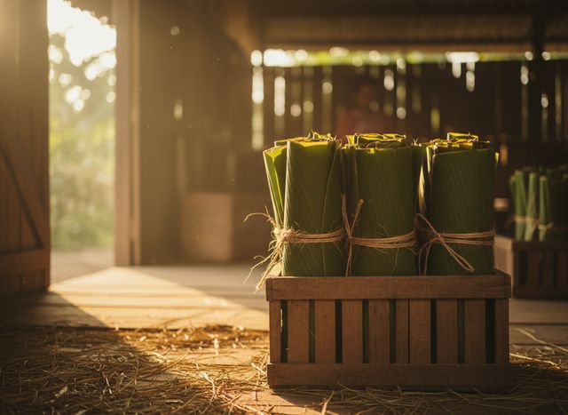 Rolled banana leaf bundles tied with twine standing in a wooden crate (AI illustration, not a photo)
