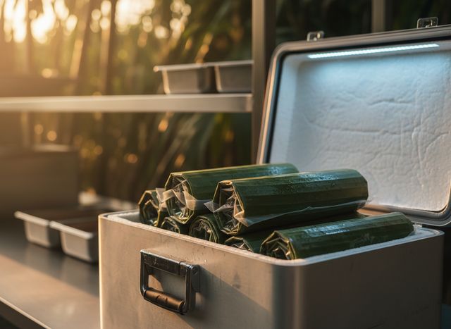 Sealed vacuum packs of rolled banana leaves inside an insulated cold box (AI illustration, not a photo)