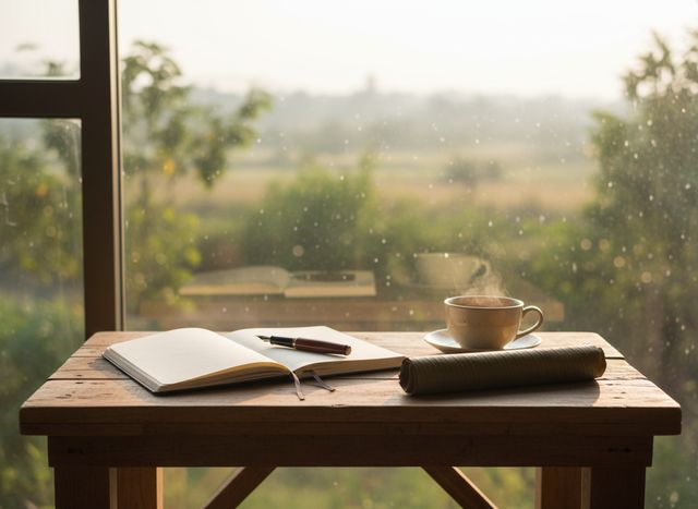 A wooden desk by a window with an open notebook, tea, and a rolled banana leaf sample (AI illustration, not a photo)