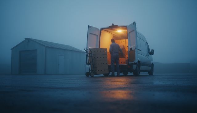 Ventilated export cartons loaded into a delivery van before dawn (AI illustration, not a photo)