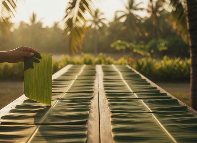 Long green banana leaves laid in rows on a table, one held up to the light for inspection (AI illustration, not a photo)