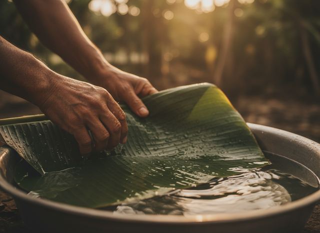 Hands rinsing freshly cut banana leaves in clear water (AI illustration, not a photo)